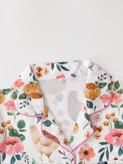 Women'S Chicken & Floral Print Button Top & Shorts Pajama Two-Piece Set, Casual Comfy Short Sleeve Top & Shorts Pj Set, Ladies Sleepwear for All Seasons, Sleep Sets
