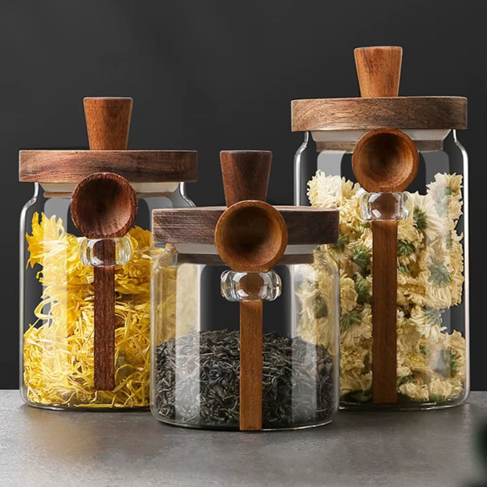 Glass Sealed Jar Five Grains Coffee and Tea Storage Can with Wooden Spoon Seasoning Bottle Kitchen Moisture-Proof Storage Tank