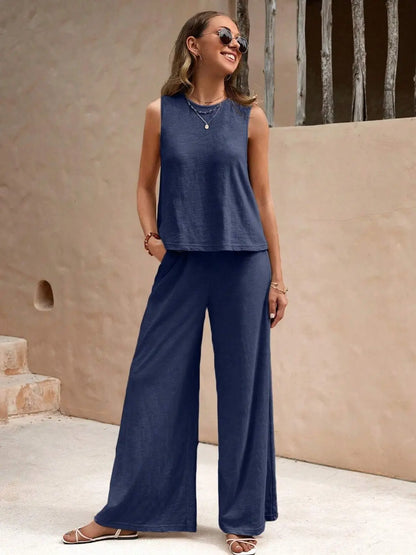 Round Neck Sleeveless Top and Wide Leg Pants Set Shop1102652536 Store