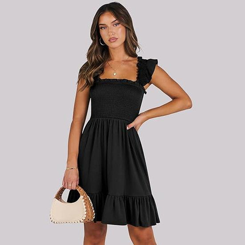 ANRABESS Womens Summer Casual Sleeveless Square Neck Smocked Ruffle Backless Boho Mini Dress 2025 Sundress Beach Vacation Outfits