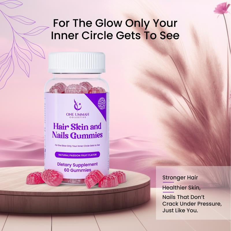Halal Certified Hair, Skin, & Nails Gummies - Packed with Biotin, Collagen, Folate, & Essential Beauty Vitamins for Strong Hair, Glowing Skin & Healthy Nails - Easy Digestion & High Absorption - 60 Ct
