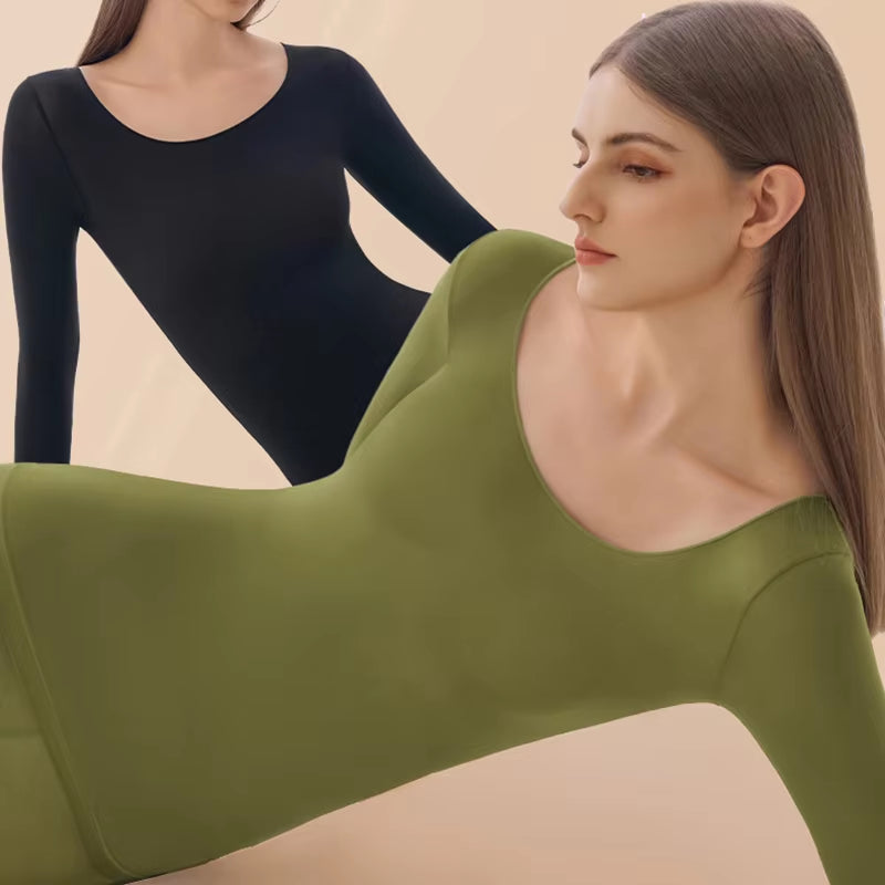 Women'S Seamless Thermal Underwear Ultra-Thin Set Breathable Comfortable Long Sleeve Slim Fit Base Top Highly Elastic Set