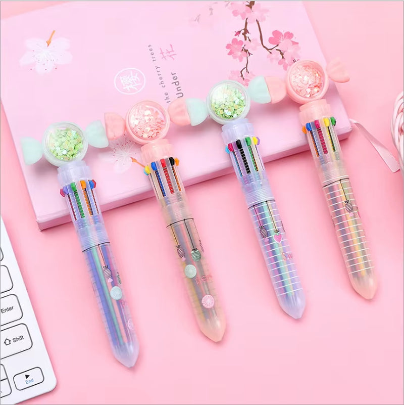 10Pcs/Lot Cute Stationery 10 Color Sequins Butterfly Rabbit Cat Ballpoint Pen School Office Multicolored Pens Colorful Refill