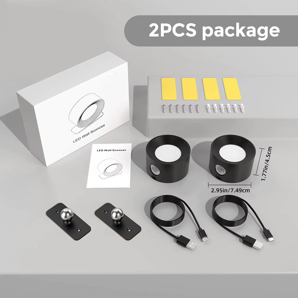 LED Wall Light Indoor Pack of 2, Wall Lamp Wall Lights 2000Mah Battery, 4 Brightness Levels,, Bedside Lamp