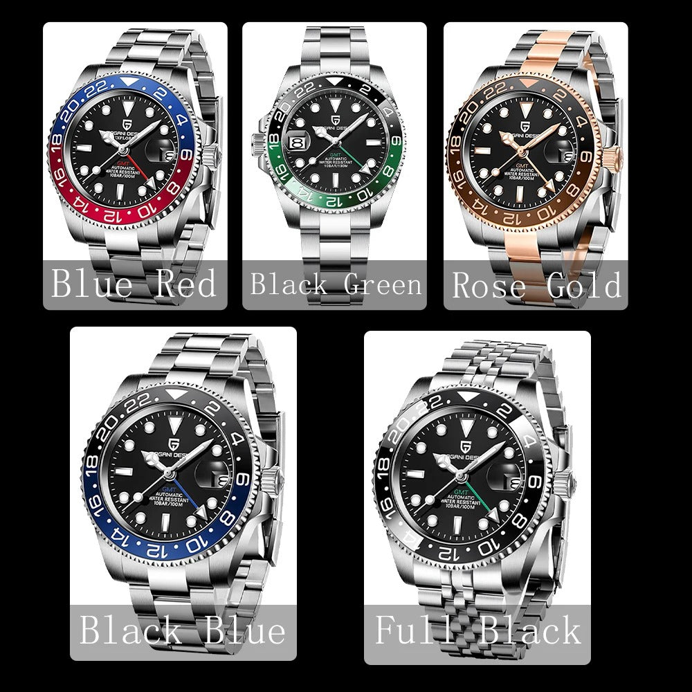 ELEGANCE® P1662 Men Watch Automatic Mechanical GMT Wristwatch Sapphire Glass Stainless Steel 100M Waterproof PAGANI DESIGN Men Watch Store