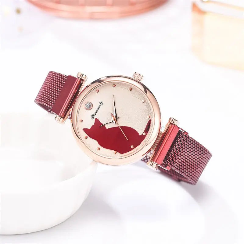 Conjunto de relojes de moda para mujer, 5 unidades, reloj de pulsera de cuarzo, correa de malla, esfera de gato