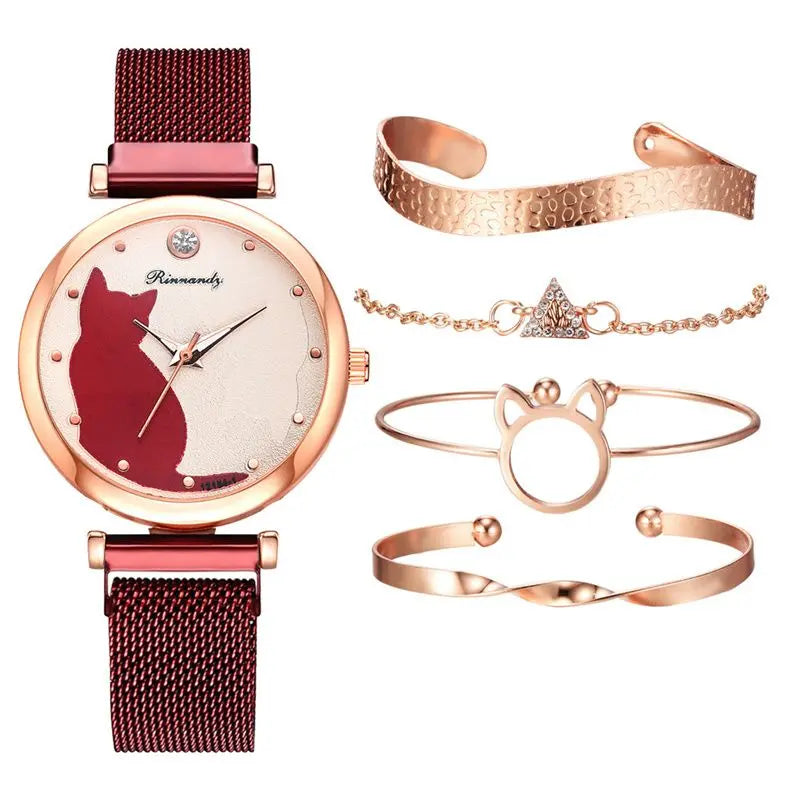 Conjunto de relojes de moda para mujer, 5 unidades, reloj de pulsera de cuarzo, correa de malla, esfera de gato