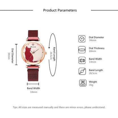 Women Fashion Watches Set 5Pcs Quartz Wristwatch Mesh Belt Cat Dial