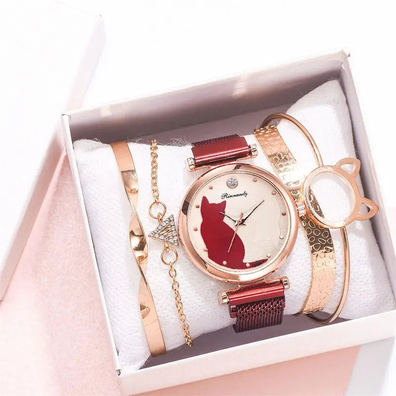 Conjunto de relojes de moda para mujer, 5 unidades, reloj de pulsera de cuarzo, correa de malla, esfera de gato