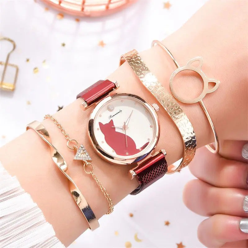 Conjunto de relojes de moda para mujer, 5 unidades, reloj de pulsera de cuarzo, correa de malla, esfera de gato