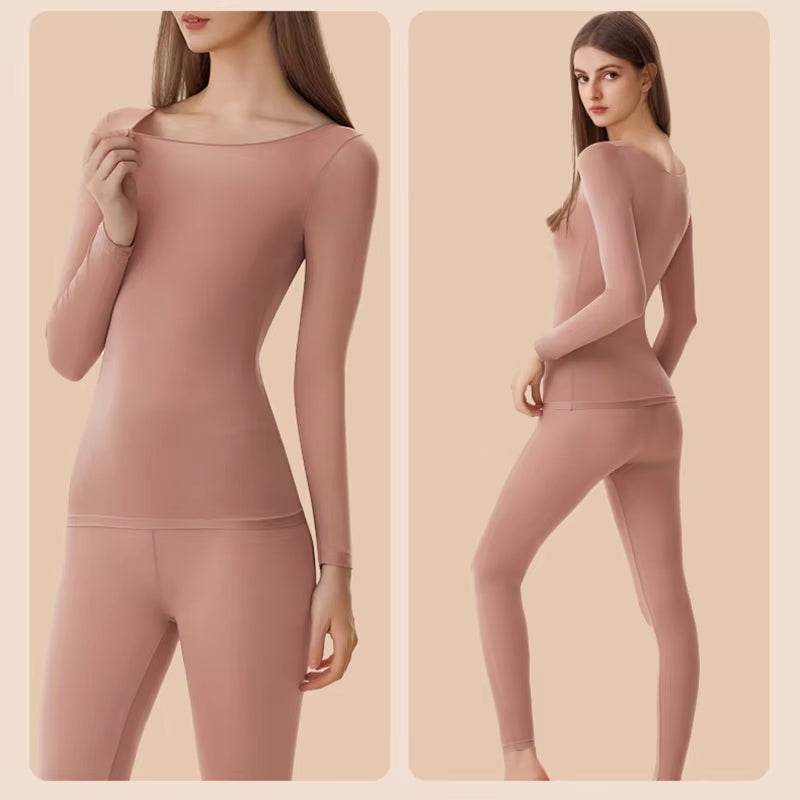 Women'S Seamless Thermal Underwear Ultra-Thin Set Breathable Comfortable Long Sleeve Slim Fit Base Top Highly Elastic Set