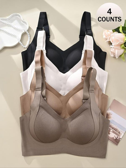Women'S Solid Color Seamless Wireless Bra, High Stretch Breathable Comfortable Adjustable Strap Triple-Breasted Bra, Softness Lingerie Top for Daily Wear, Elegant, Underwear for Women