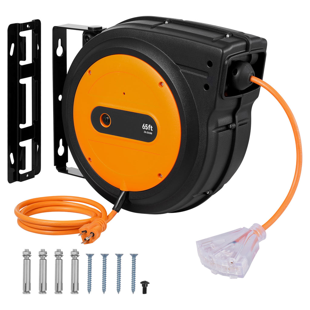 Enrollador de cable de extensión retráctil VEVOR Enrollador de cable de alimentación 65 pies 12 AWG 3C SJTOW