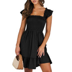 ANRABESS Womens Summer Casual Sleeveless Square Neck Smocked Ruffle Backless Boho Mini Dress 2025 Sundress Beach Vacation Outfits