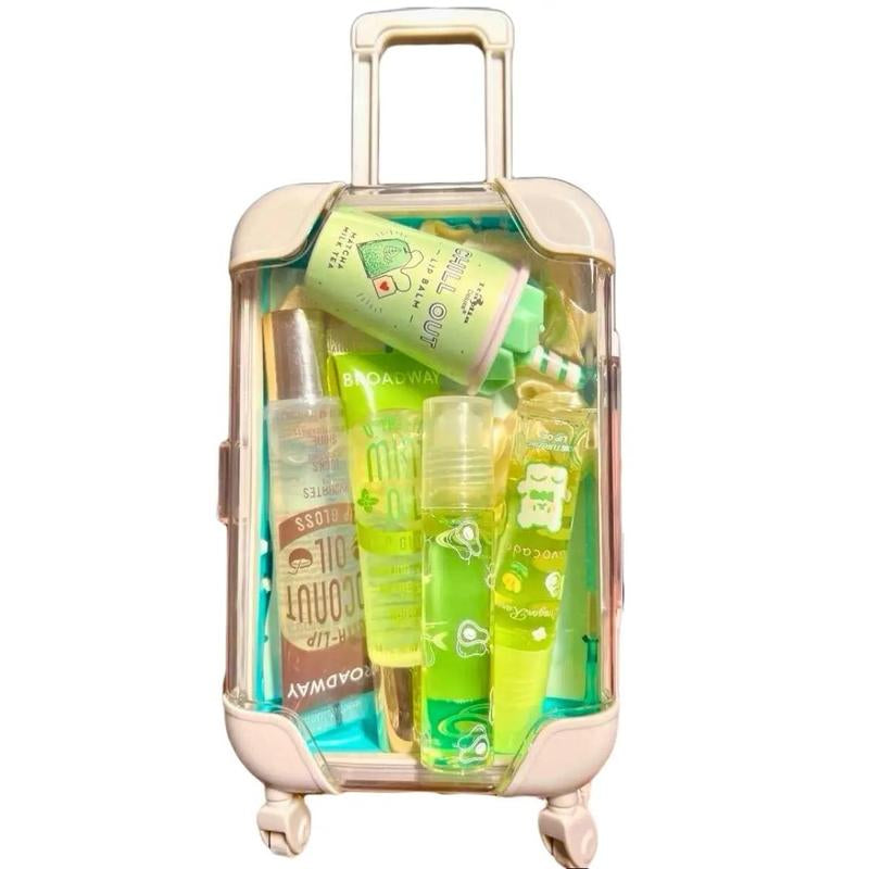 Mini Suitcase Lipgloss Bundle - Comes with 5 Random Lipglosses & a Scrunchie, Lip Care Kit with Lip Balm, Lip Gloss, and Lipstick - Cosmetic, Makeup Lip Oil - Gift, Glossy Everyday Pink