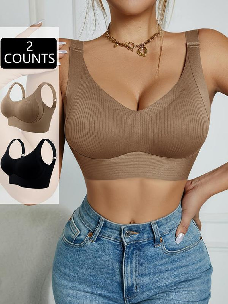 Women'S Solid Color Seamless Wireless Bra, High Stretch Breathable Comfortable Adjustable Strap Triple-Breasted Bra, Softness Lingerie Top for Daily Wear, Elegant, Underwear for Women