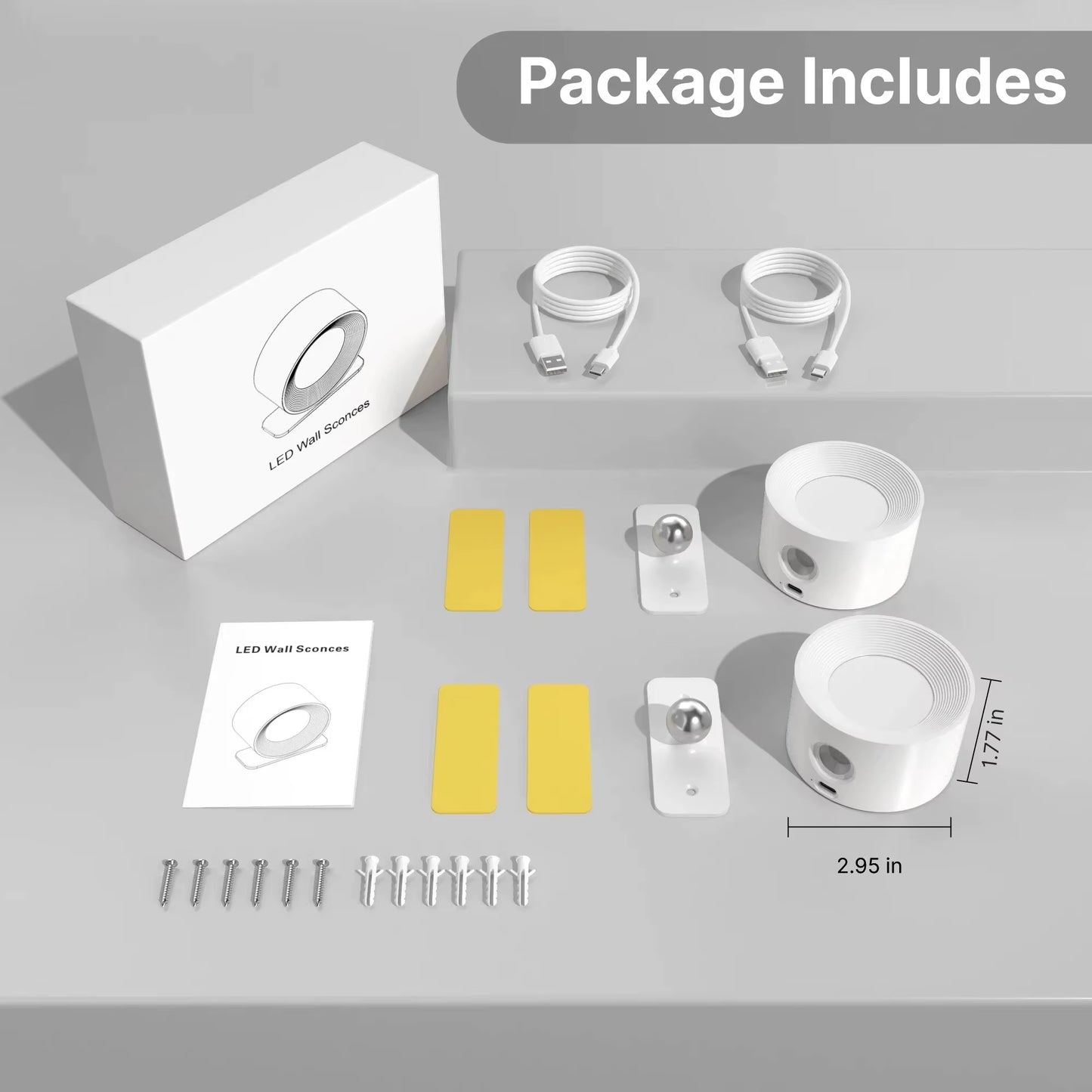 LED Wall Light Indoor Pack of 2, Wall Lamp Wall Lights 2000Mah Battery, 4 Brightness Levels,, Bedside Lamp