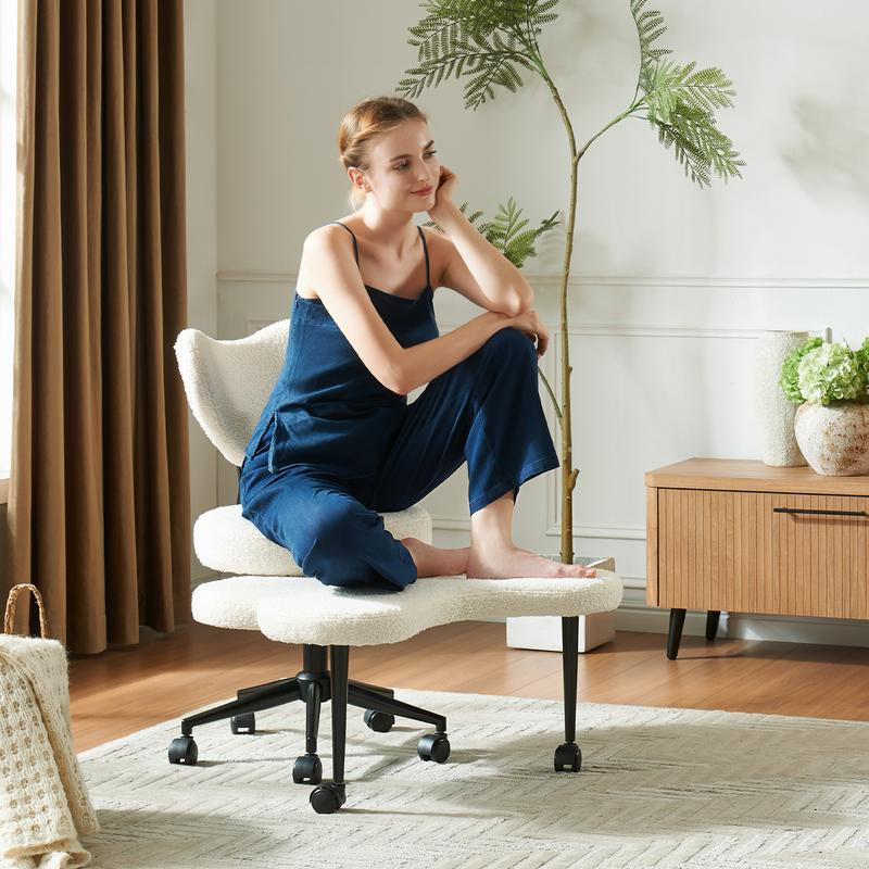 Pinmoco Ergonomic Cross Legged Swivel Chair - Adjustable Height, Teddy Fabric, Back Support, Versatile for Home & Office Use