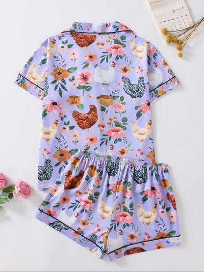 Women'S Chicken & Floral Print Button Top & Shorts Pajama Two-Piece Set, Casual Comfy Short Sleeve Top & Shorts Pj Set, Ladies Sleepwear for All Seasons, Sleep Sets