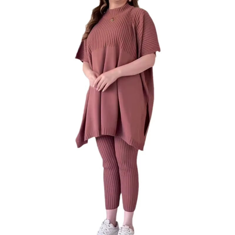 Women Two Piece Pant Sets Knitted Batwing Sweaters Short Sleeve Split Tops Loose Fit Casual Elastic Waist Pants Winter 2024