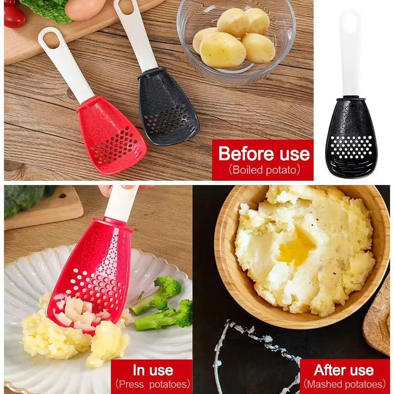 Multifunctional Cooking Spoon Kitchen Strainer Scoop to Cut Garlic Hanging Hole Potato Garlic Press Egg Tool Kitchen Accessory