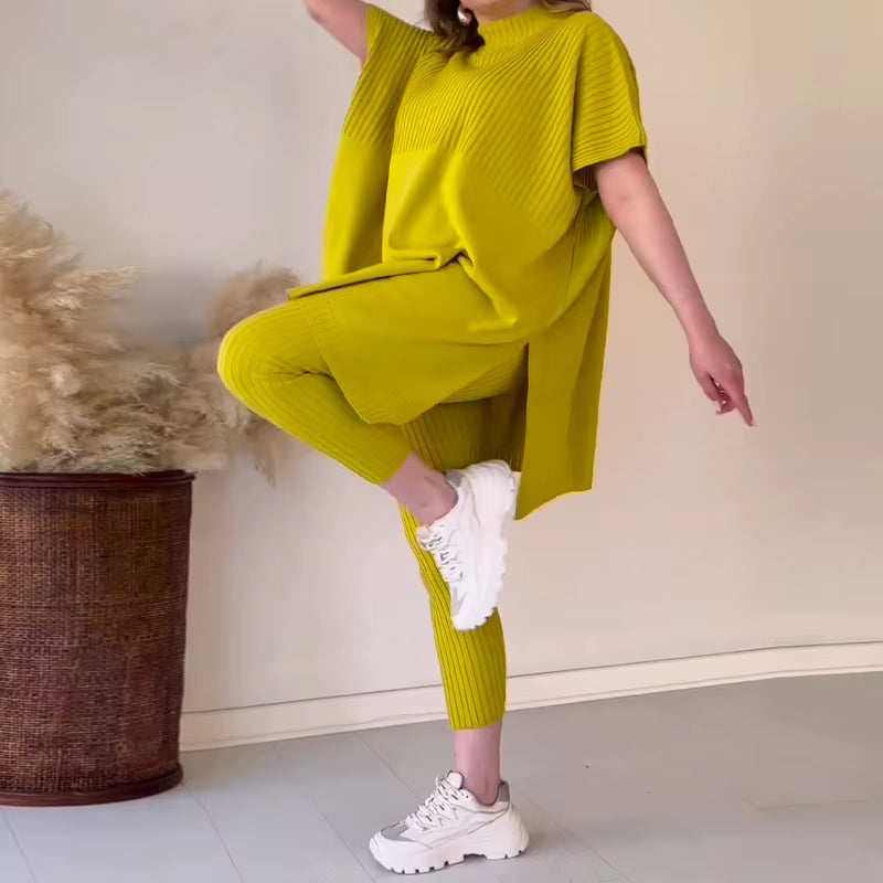 Women Two Piece Pant Sets Knitted Batwing Sweaters Short Sleeve Split Tops Loose Fit Casual Elastic Waist Pants Winter 2024