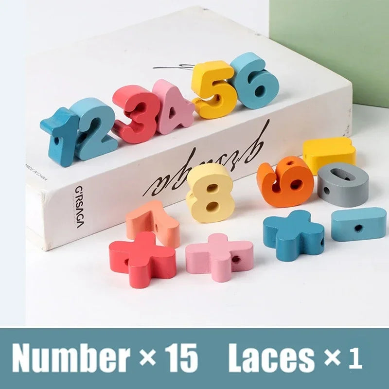 Kids Montessori Wooden Lacing Toy DIY Wooden Beads for Children Cartoon Animals Fruit Letter Digital Beads Threading Toys Gifts