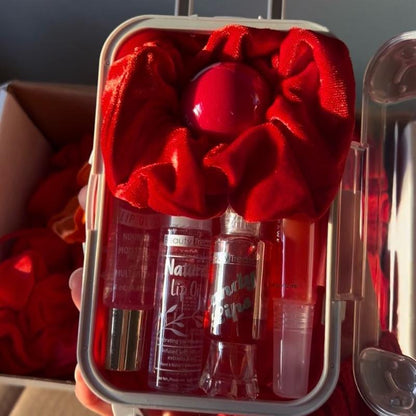 Mini Suitcase Lipgloss Bundle - Comes with 5 Random Lipglosses & a Scrunchie, Lip Care Kit with Lip Balm, Lip Gloss, and Lipstick - Cosmetic, Makeup Lip Oil - Gift, Glossy Everyday Pink