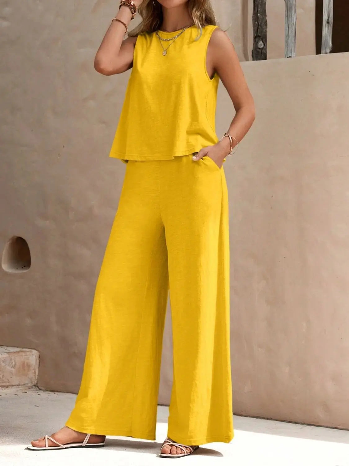 Round Neck Sleeveless Top and Wide Leg Pants Set Shop1102652536 Store