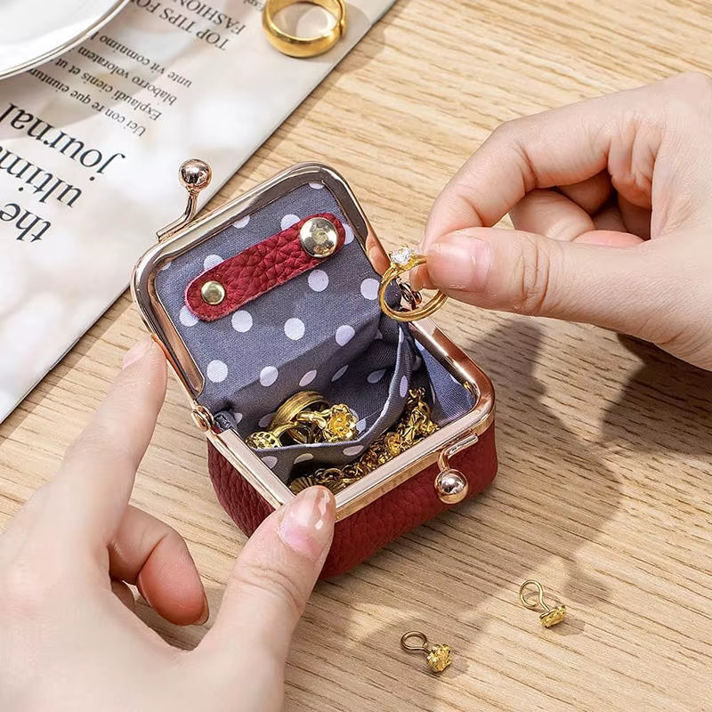 Women'S Solid Color PU Leather Jewelry Box, Ring, Necklace, Earring Storage Mini Coin Wallet Small Bag Kiss Lock