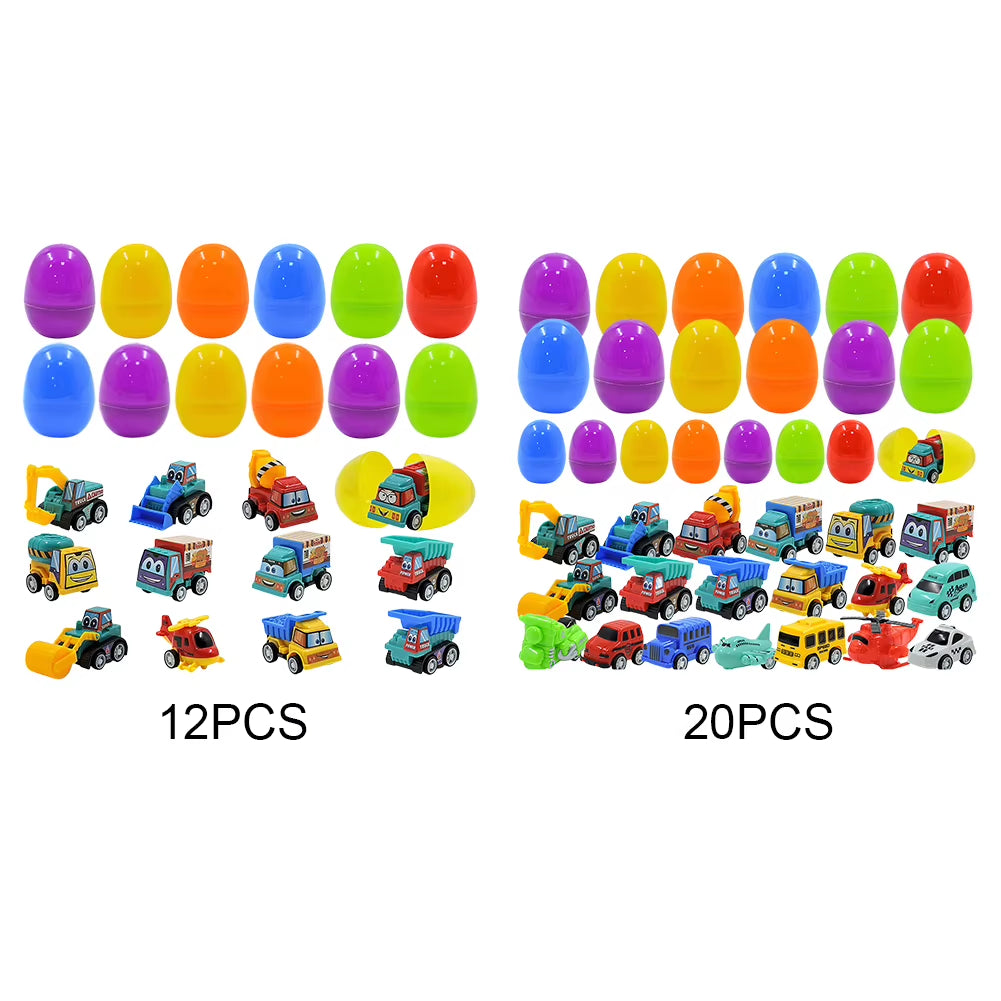 12/20 Pack Easter Basket Stuffers with Pull Back Cars Surprise Easter Eggs for Easter Egg Hunt Game Classroom Prize