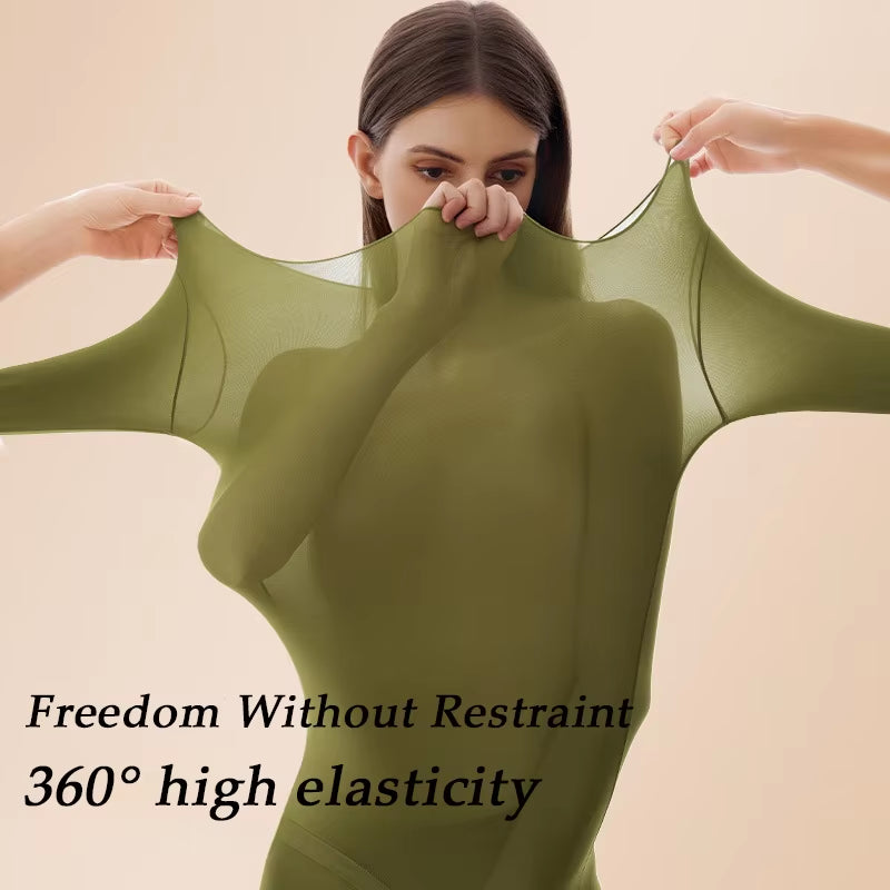 Women'S Seamless Thermal Underwear Ultra-Thin Set Breathable Comfortable Long Sleeve Slim Fit Base Top Highly Elastic Set