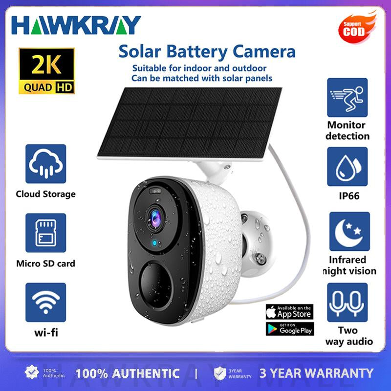 Hawkray Solar CCTV Wireless Camera Indoor Outdoor Wifi HD 2K Resolution Home Security Surveillance Video Night Version Cam Baby 3MP Two Way Audio White/Ir Dual Light Support Monitor