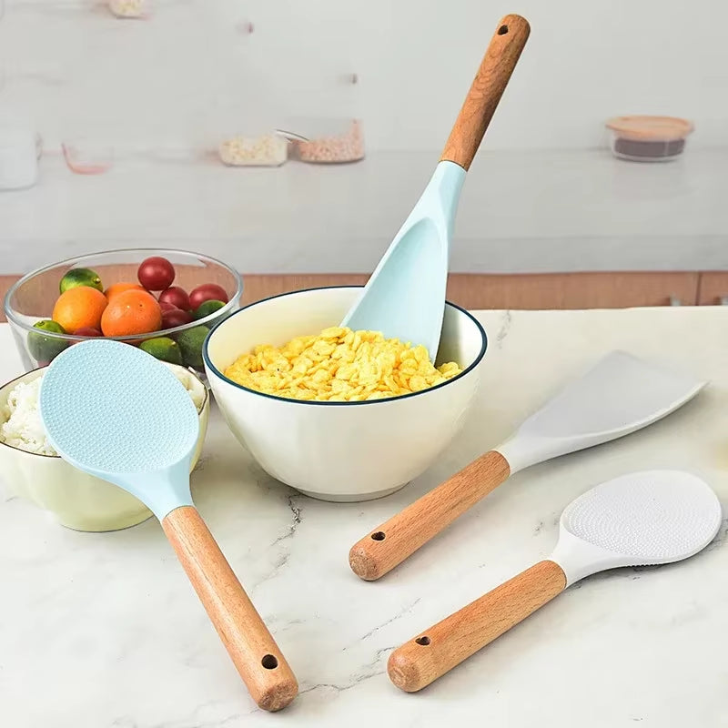Silicone Rice Shovel Spoon Kitchenware with Long Wooden Handle Household Non-Stick Big Cooking Spatula Scoop Kitchen Gadgets