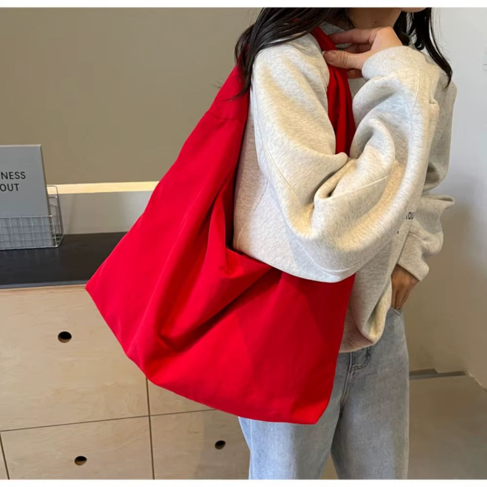 Women'S Solid Color Textured Draped Tote Bag Casual Reusable Canvas Shoulder Bags Large Capacity Shopping Bag All Match Underarm