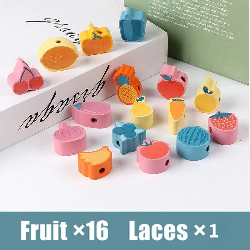 Kids Montessori Wooden Lacing Toy DIY Wooden Beads for Children Cartoon Animals Fruit Letter Digital Beads Threading Toys Gifts