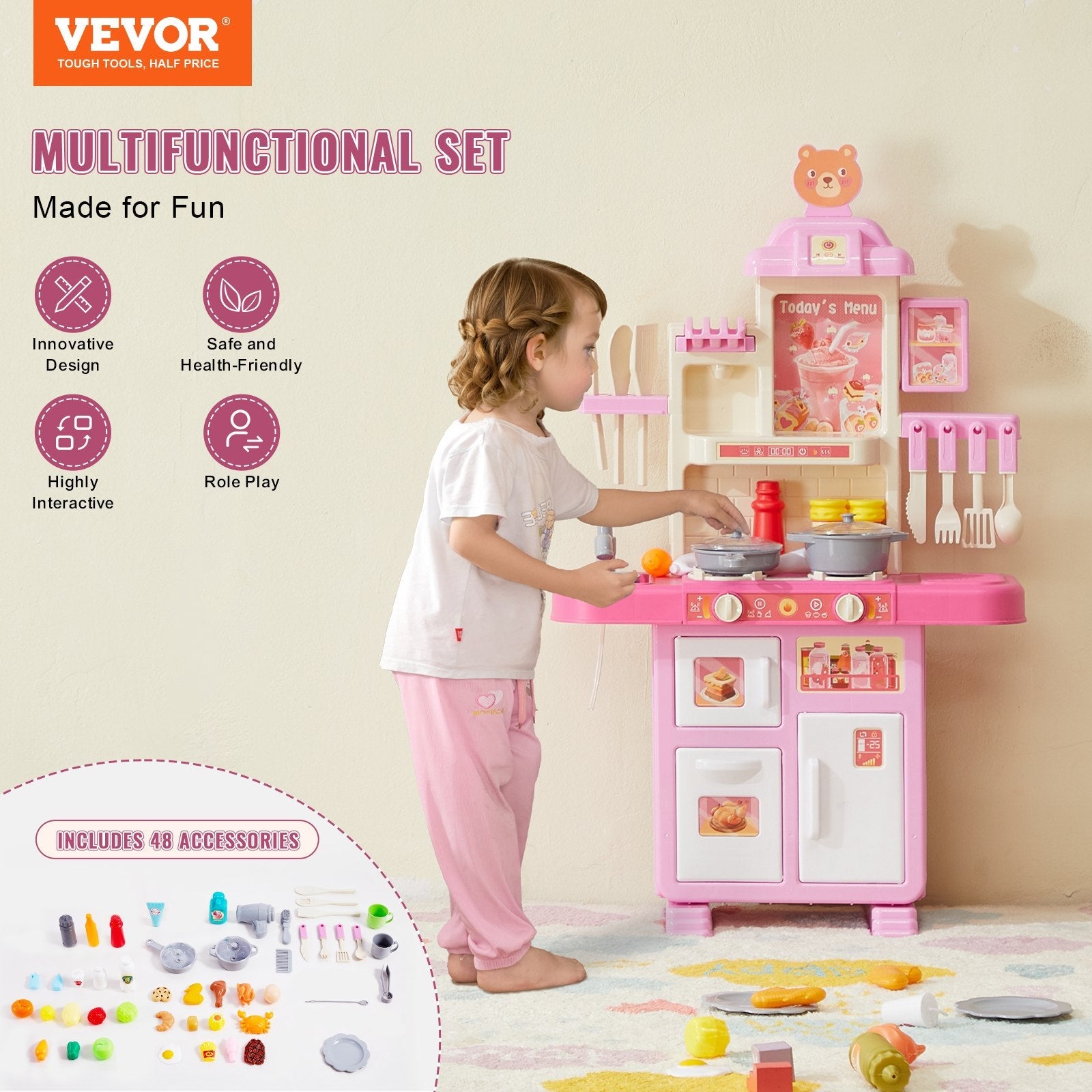 Christmas Gift VEVOR Kitchen Playset Kids Pretend Cooking Play Toy 48 Piece Accessories CJDropshipping