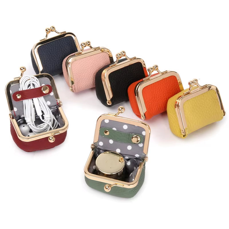 Women'S Solid Color PU Leather Jewelry Box, Ring, Necklace, Earring Storage Mini Coin Wallet Small Bag Kiss Lock
