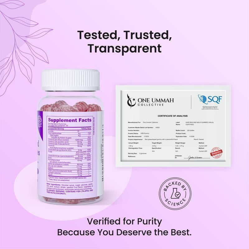 Halal Certified Hair, Skin, & Nails Gummies - Packed with Biotin, Collagen, Folate, & Essential Beauty Vitamins for Strong Hair, Glowing Skin & Healthy Nails - Easy Digestion & High Absorption - 60 Ct