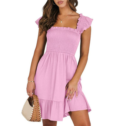 ANRABESS Womens Summer Casual Sleeveless Square Neck Smocked Ruffle Backless Boho Mini Dress 2025 Sundress Beach Vacation Outfits