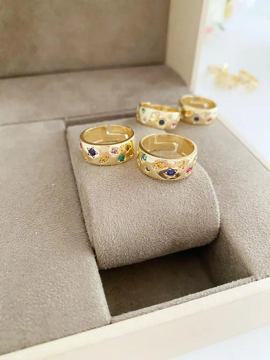 Gold Wide Band Ring, Adjustable Ring, Stacking Zircon Ring Emerald Pine