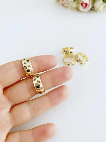 Gold Wide Band Ring, Adjustable Ring, Stacking Zircon Ring Emerald Pine