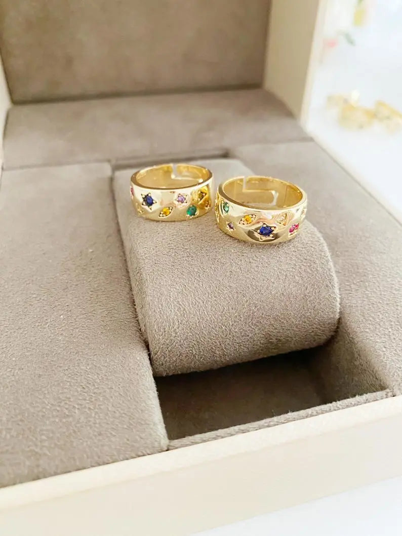 Gold Wide Band Ring, Adjustable Ring, Stacking Zircon Ring Emerald Pine