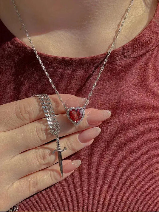 Heart & Sword Crystal Necklace Set