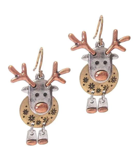 Festive Rudolph Reindeer Earrings - Two Tone Holiday Charm