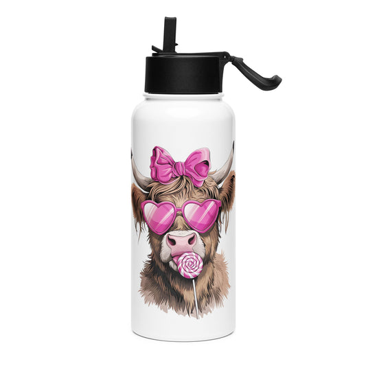 Pink Highland Cow Stainless steel water bottle with a straw lid thrush Store