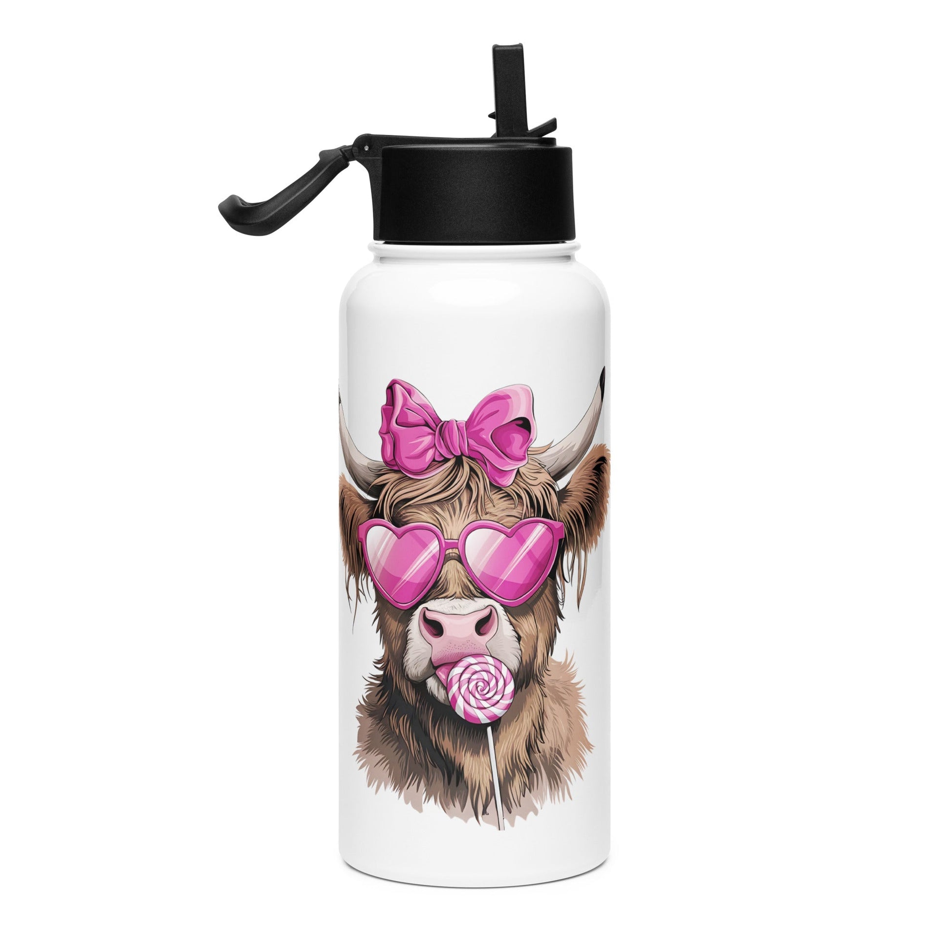 Pink Highland Cow Stainless steel water bottle with a straw lid thrush Store