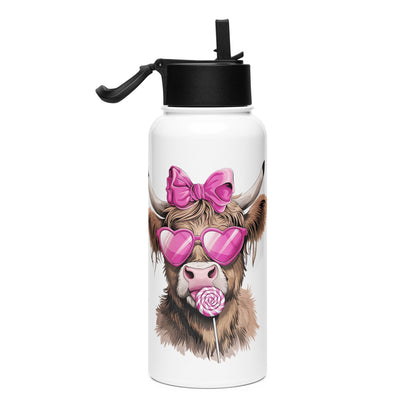 Pink Highland Cow Stainless steel water bottle with a straw lid thrush Store