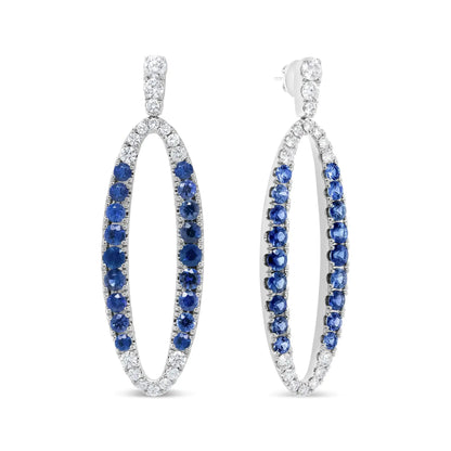 View details for 18K White Gold 1.11 Cttw Blue Round Diamond and Blue Sapphire Openwork Oval Shaped Dangle Earrings (F-G Color, VS1-VS2 Clarity)