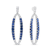 View details for 18K White Gold 1.11 Cttw Blue Round Diamond and Blue Sapphire Openwork Oval Shaped Dangle Earrings (F-G Color, VS1-VS2 Clarity)